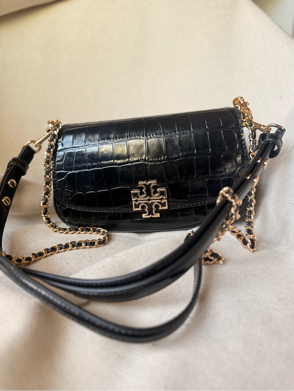 Tory Burch Black Croc-Embossed Leather Crossbody with Gold Chain